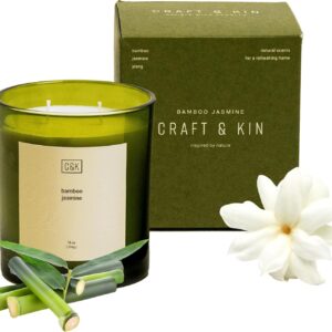 Craft & Kin 12oz Bamboo Jasmine Candle for Home | Premium Green Spring Scented Candles for Men | Made with Natural Soy | Gifts for Men and Women | Nature Collection