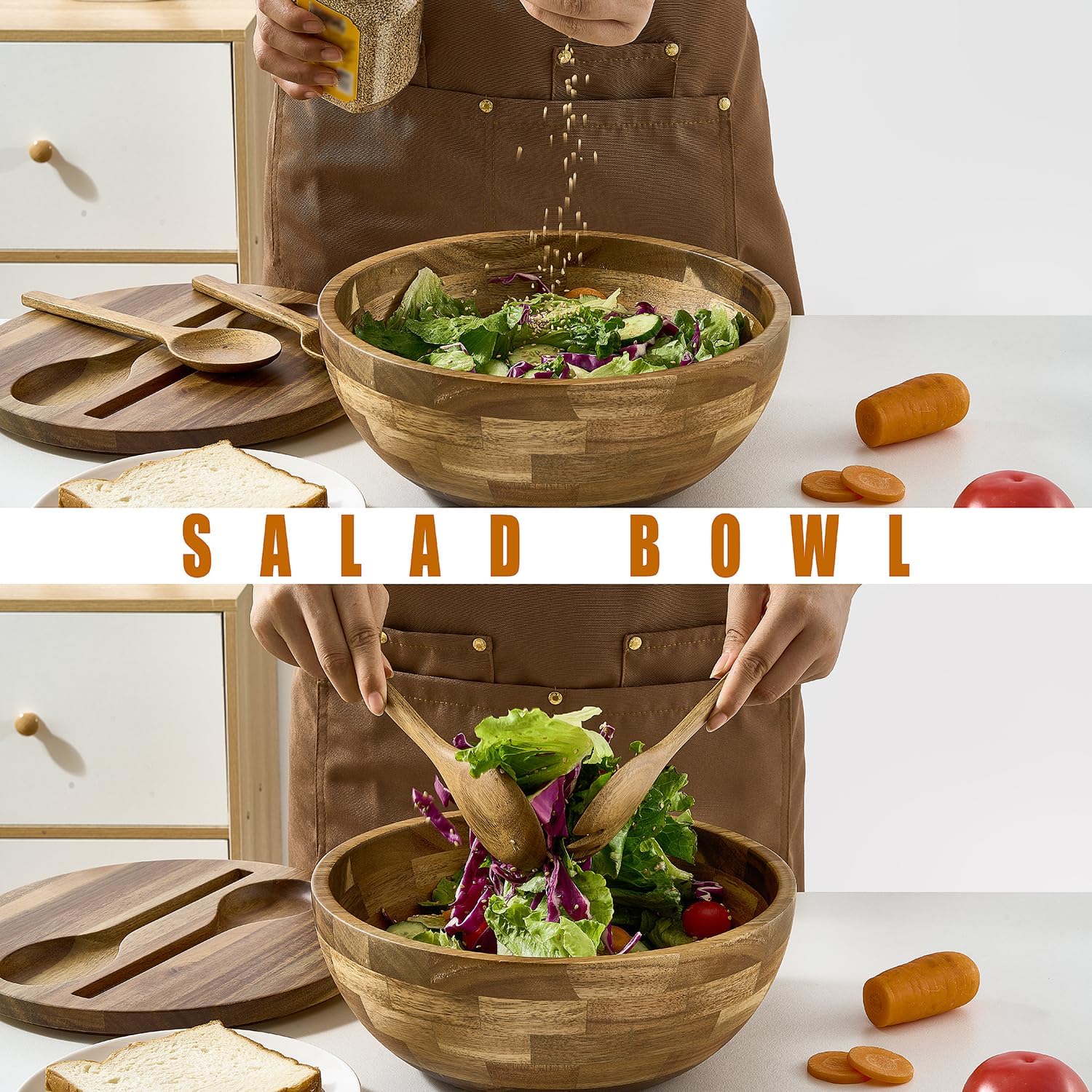 JOYMAY Salad Bowls Wood Salad Bowl Set with Lid Acacia Wood Serving Bowl for Fruits or Salads 10.5" Large Serving Bowl with Serving Utensils, 4 Piece Wooden Mixing Bowl Set for Kitchen, Picnic - Image 6