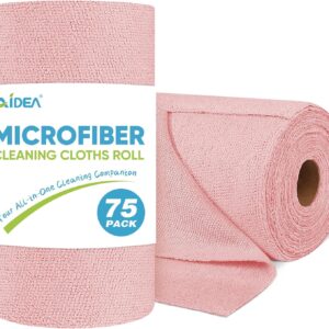 AIDEA Microfiber Cleaning Cloth Roll, 75PK, Tear Away Reusable Paper Towels, Pink Towels Lint Free Rags for House, Kitchen, Car Cleaning Supplies, 11.5″×11.5″