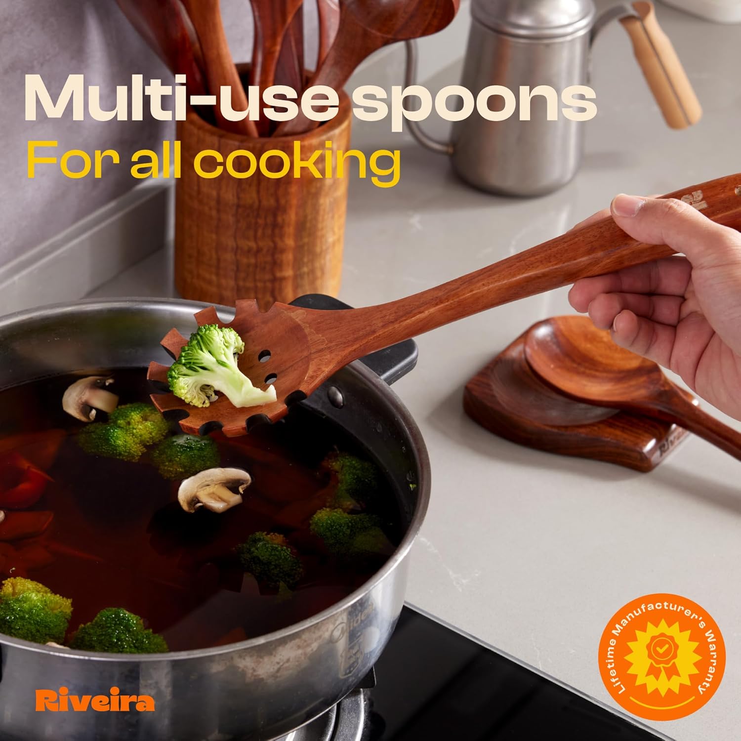 Riveira Dark Teak Kitchen Utensils Set - 12-Piece Non-Toxic Cooking Utensils Set - Wooden Spoons for Cooking - Spatula for Cooking - Teak Wooden Utensils - Image 5