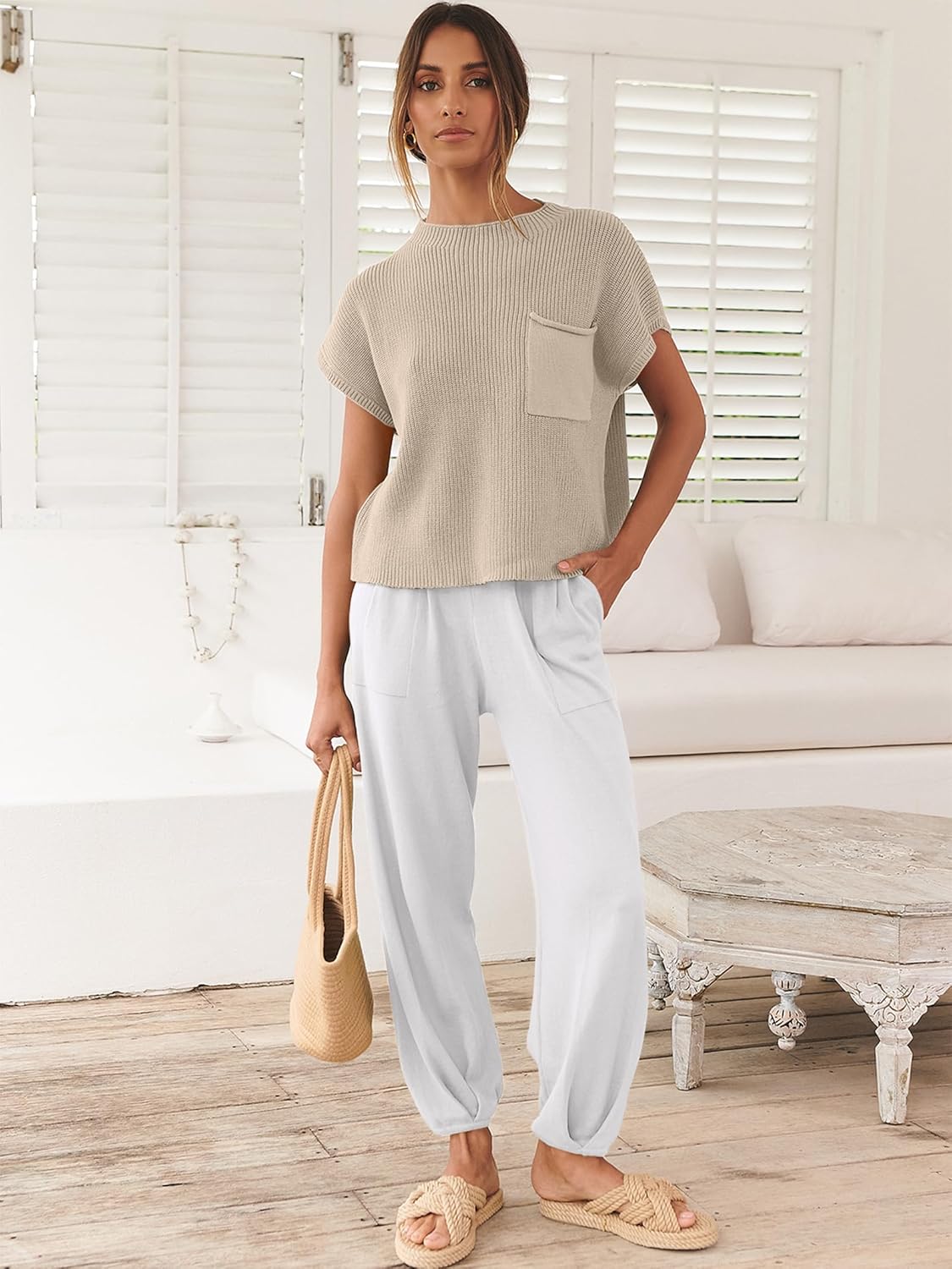 ANRABESS Women's Two Piece Outfits Knit Sweater Vest Crop Top Pants Lounge Matching Tracksuit Sweatsuit Travel Clothes Sets - Image 3