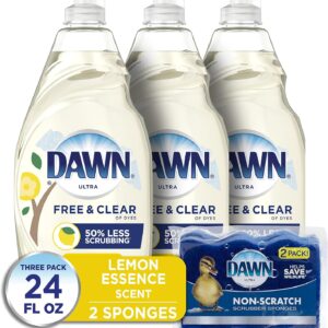 Dawn Free & Clear Dishwashing Liquid Dish Soap (3×24 oz) + Dawn Non-Scratch Scrubber Sponge (2 Count), Lemon Essence