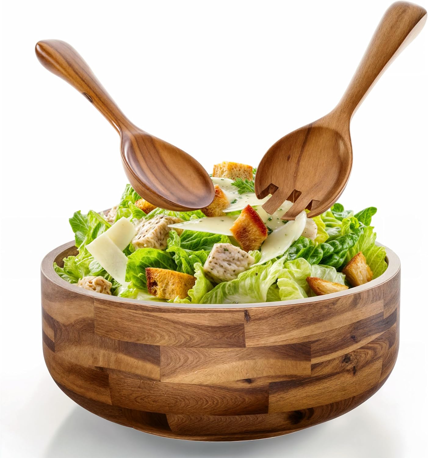 12" Salad Bowl Set with 2 Wooden Hands - Large Acacia Wood Serving Bowl with Serving Utensils - Big Mixing Bowl for Fruits, Salad,Pasta for Kitchen Counter (12" Diameter x 4.5" Height) - Image 2