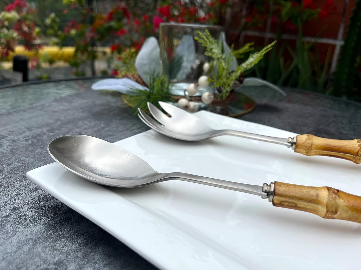 Nature Real Bamboo Handle Serving Set 10 inch Salad Spoon and fork 2-Piece Set Stainless Steel 18/10 Kitchen Utensils Matte Silver - Image 7