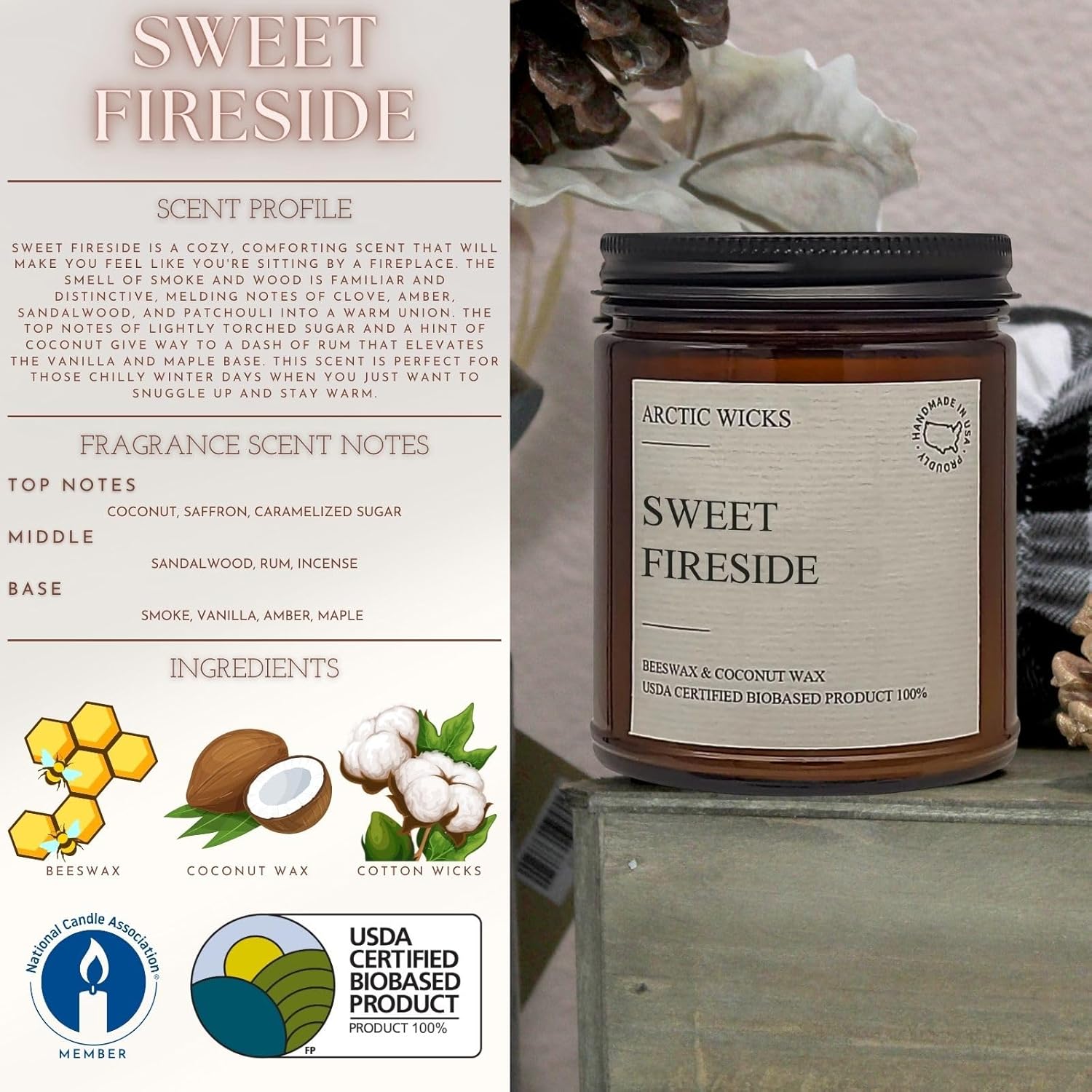 Sweet Fireside Candles | Arctic Wicks 9oz Coconut & Beeswax Candles | Amber Sweet Scented Fireside Candles for Fall, Winter, Holidays, Gifts, Non-Toxic, Sustainable | USDA Certified 100% Biobased - Image 2
