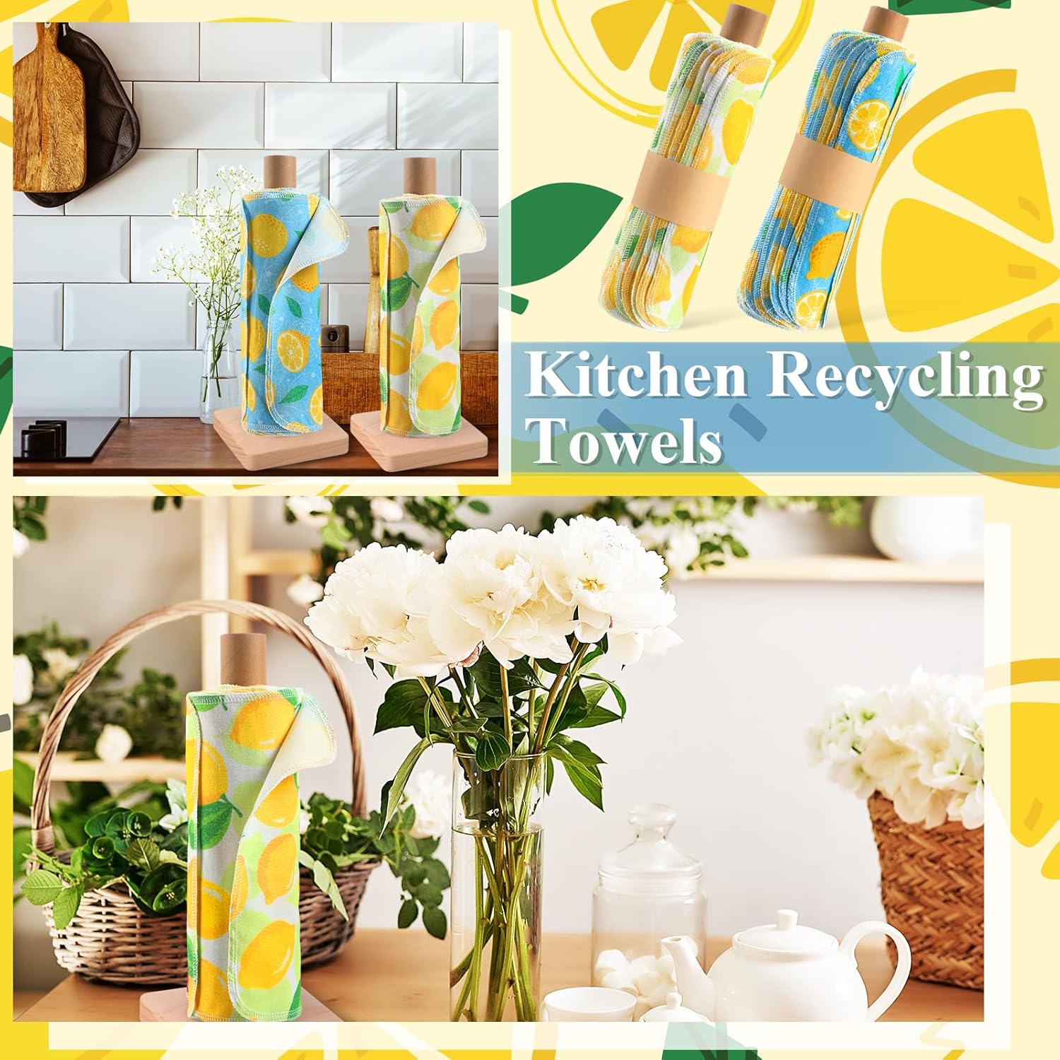 Redbaker 50 Pcs Reusable Paper Towels Paperless Reusable Cotton Cloths Toilet Absorbent Washable Paper Towels with Roll Kitchen Dishcloth for Kitchen Paperless Dishcloths(Lemon) - Image 4