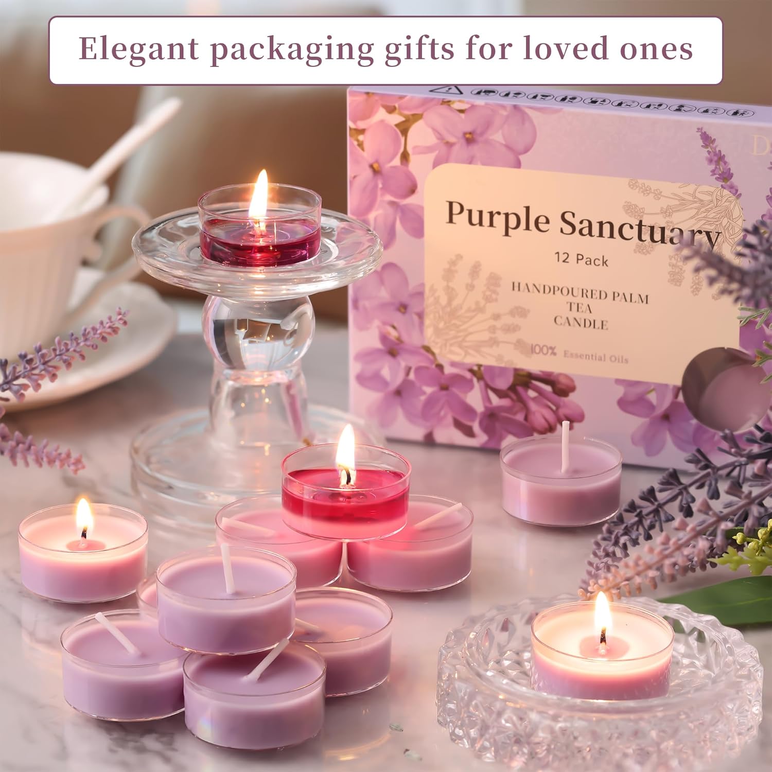 Eucalyptus & Lavender Highly Scented Tea Lights Candles 12 Pack, 3.5-4 Hours Natural Palm Tea Candles for Home Scented, Small Votives with Essential Oils for Home Aromatherapy, Gifts for Woman - Image 4