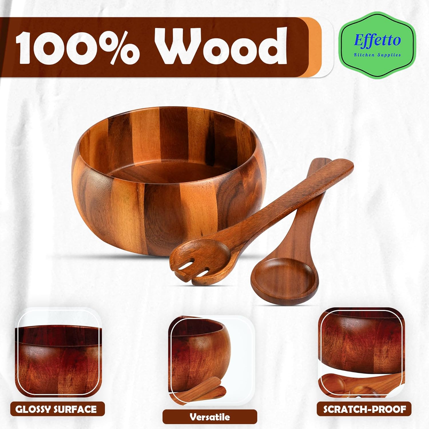 Effetto Acacia 3-Piece Wooden Salad Bowl Set | Large Serving Bowl with Salad Spoon and Fork Serving Utensils | Food Safe & Sustainable Big Mixing Bowl for Fruits, Salad, Cereal, Soup and More - Image 5