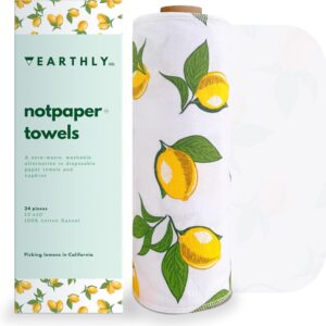 Reusable Paper Towels – 24 Pack – Roll of Washable Cotton Cloth Paper Towels – Paperless Reusable Napkins Cloth Washable – Absorbent + Long Lasting – Zero Waste Products – (Lemon)