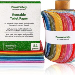 24 Reusable Toilet Paper Washable Roll – Bidet Towels Washable Toilet Paper – Cut Back & Waste Less with our Colored Super Soft, Absorbent & Re-Rollable Cloth Wipes – Rainbow Edition