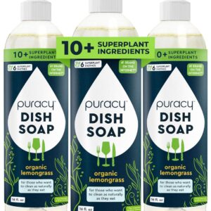 Puracy Natural Dish Soap Packs – Skin-Softening Plant-Based Dishwashing Soap, Non-Toxic Dish Soap, Organic Liquid Dishwashing Detergent Soap (Organic Lemongrass, 16 fl oz, 3 Pack)