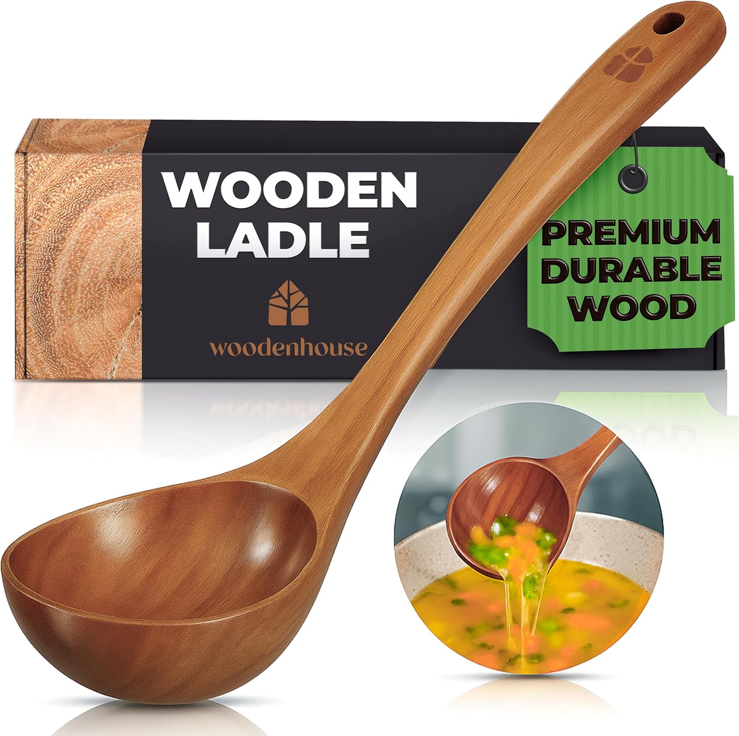 Wooden Ladle for Cooking, Soup Spoon Ladle – Teak Wooden Serving Spoon, 12.4″ Handle, Medium Scoop Size 2 oz – Eco Friendly, Natural and Sustainable - Image 2