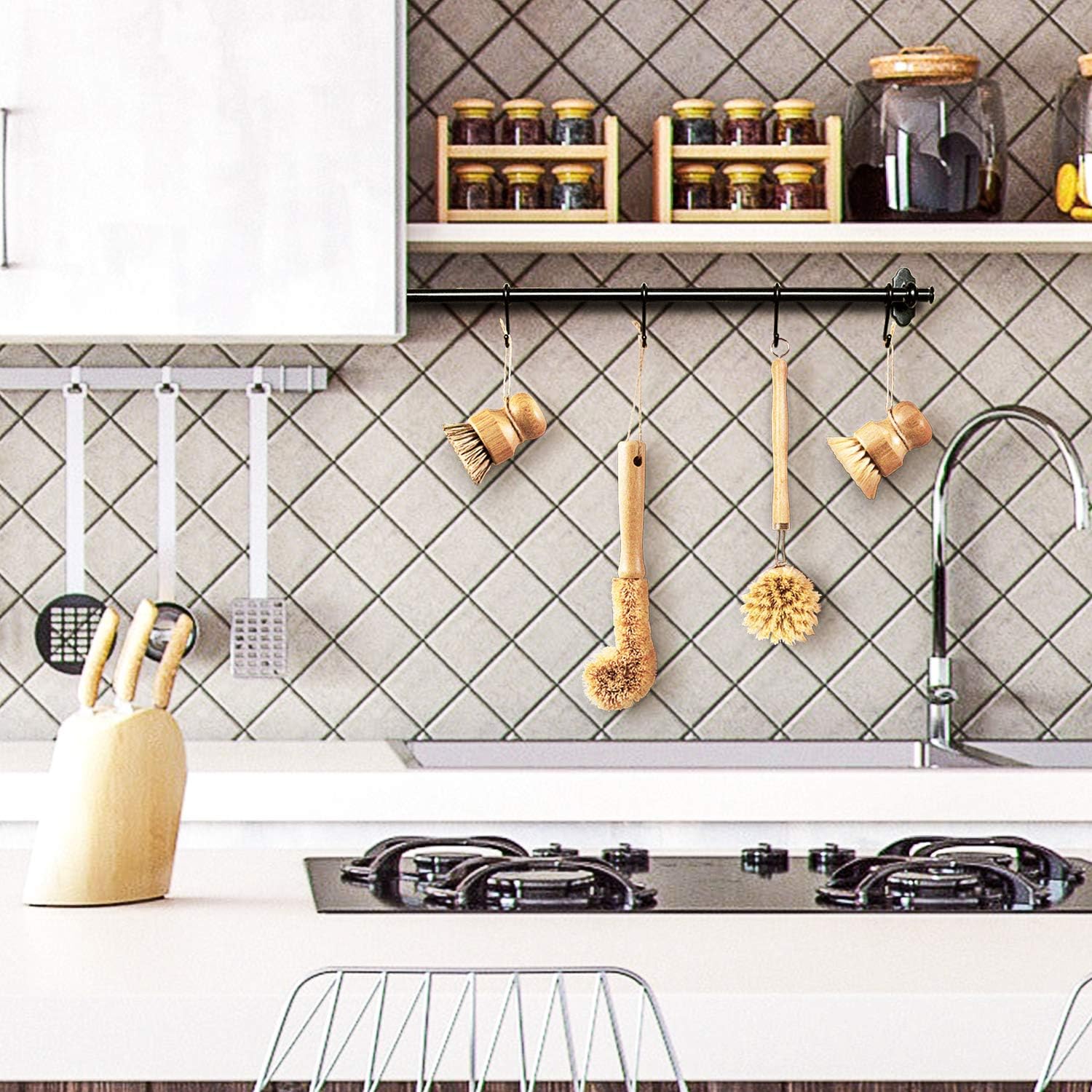 LESES Dish Brush Natural Bamboo Dish Scrub Brush Set with Handle 100% Plastic Free Eco Friendly Cleaning Brushes for Kitchen Cleaning Dish, Bottle, Pots, Pans - Image 8