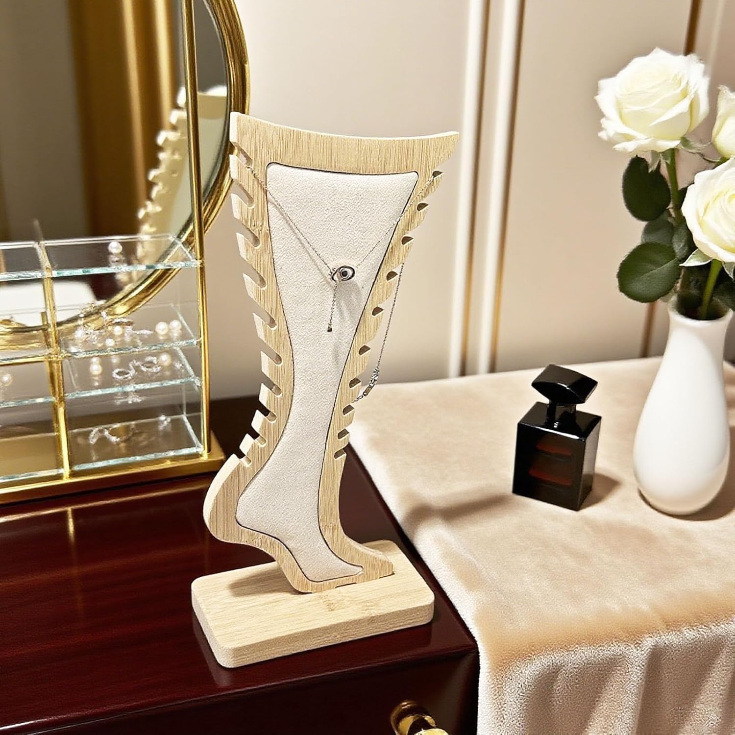 TANG SONG Bamboo Foot-Shaped Jewelry Stand Necklace & Earring Holder for Home Display(White) - Image 5