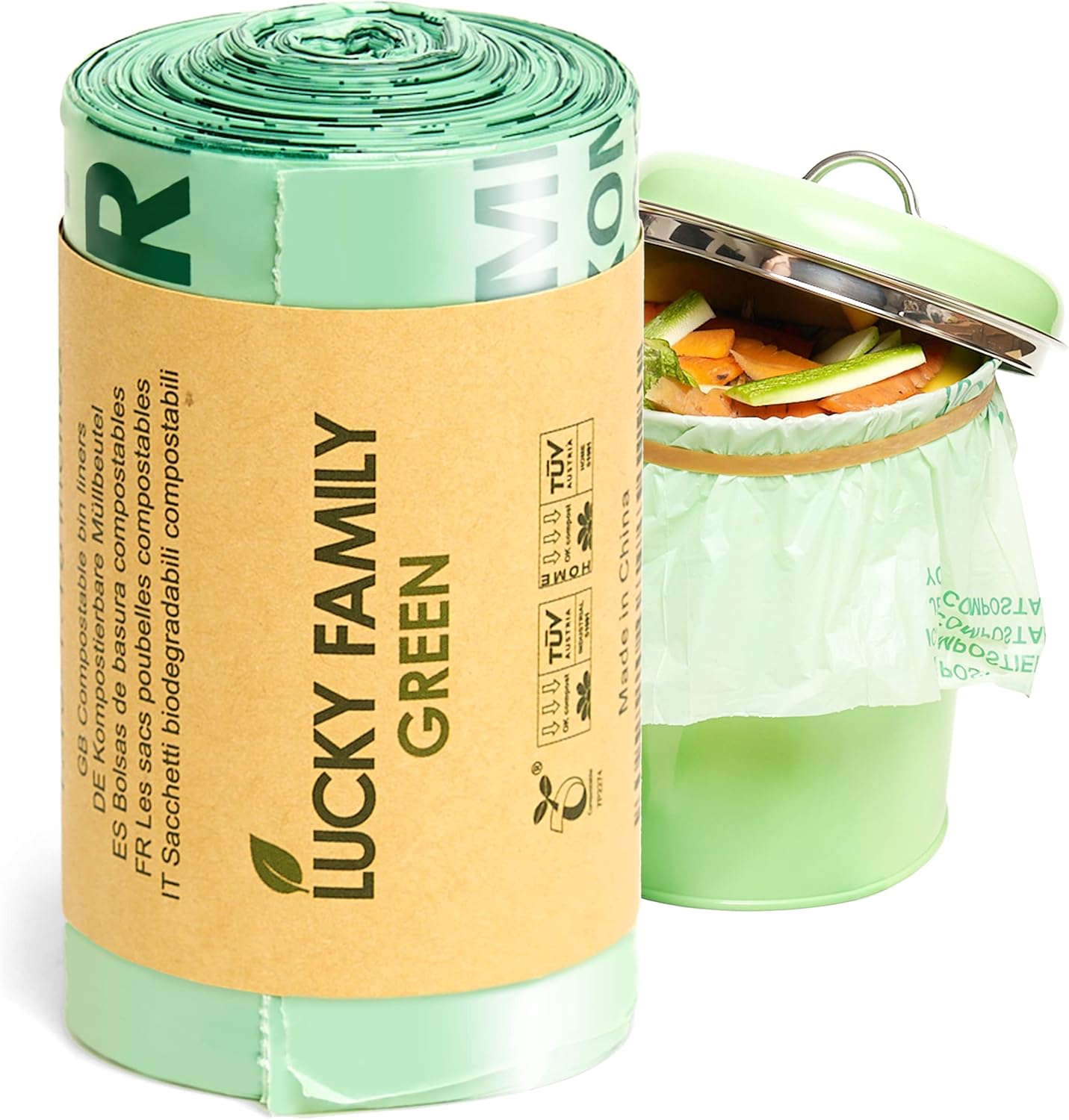 Lucky Family Green Compost Bags for Kitchen Countertop Bin -1.3 gallon trash bags to 1.6 Gallon trash bags - 100% Compostable Trash Bags for Food Waste, Organic Biodegradable Bags - Image 8