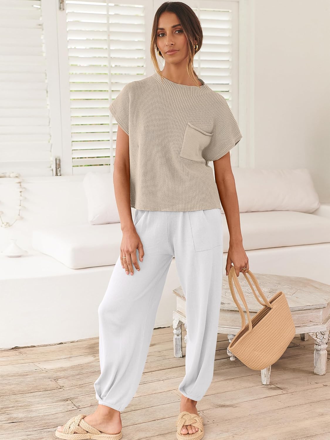 ANRABESS Women's Two Piece Outfits Knit Sweater Vest Crop Top Pants Lounge Matching Tracksuit Sweatsuit Travel Clothes Sets - Image 8