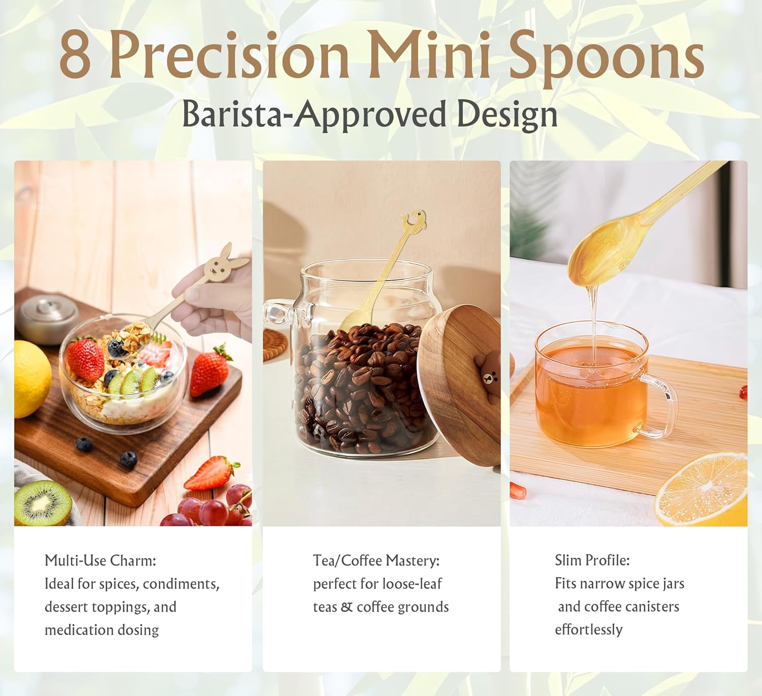 14-Piece Bamboo Wooden Kitchen Utensil Set - 6 Non-Scratch Heat-Resistant Cooking Tools with Storage Holes + 8 Small Spoons for Coffee, Tea, Eco-Friendly Sustainable Kitchen Gift Set - Image 5