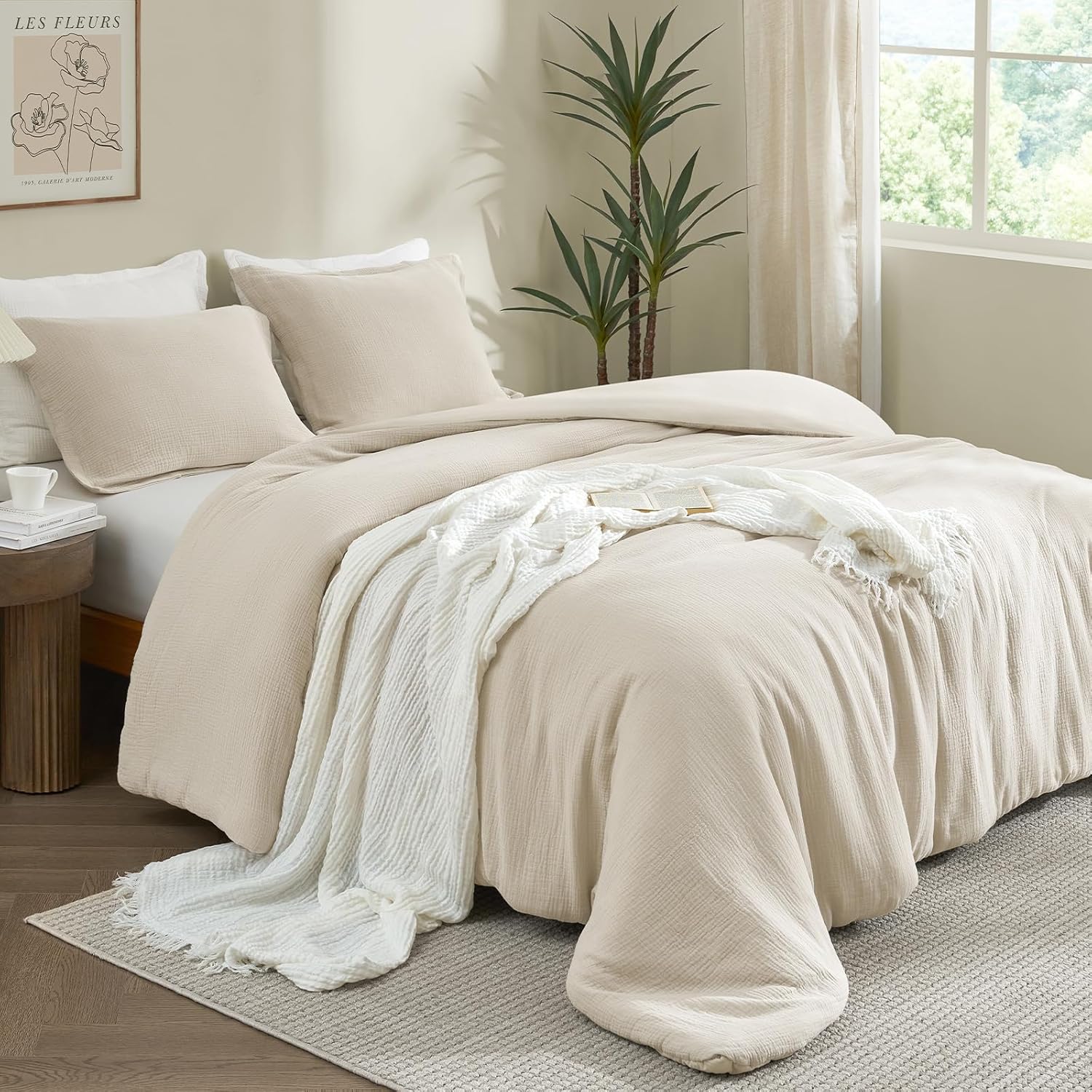 PHF Cotton Muslin Comforter Set Queen Size – Ultra Soft, Breathable & Lightweight Bedding Set for All Seasons, 3 Pieces - 1 Comfy Comforter 90"x90", 2 Pillow Shams 20"x26", Natural - Image 4