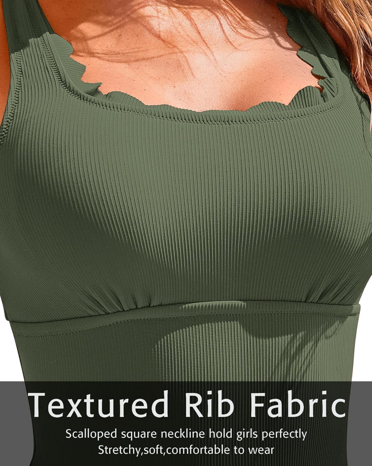 Charmo Womens Scalloped Ribbed One Piece Swimsuits Retro Square Neck Modest Bathing Suits - Image 4