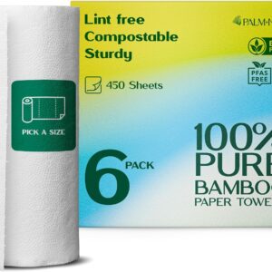 100% Bamboo Paper Towels | Lint-Free, Eco-Friendly, Tree-Free | 2-Ply Kitchen Paper Towel | Food Grade – FSC-Certified, BPA/PFAS-Free | 6 Rolls (450 Sheets) | PALM NAKI