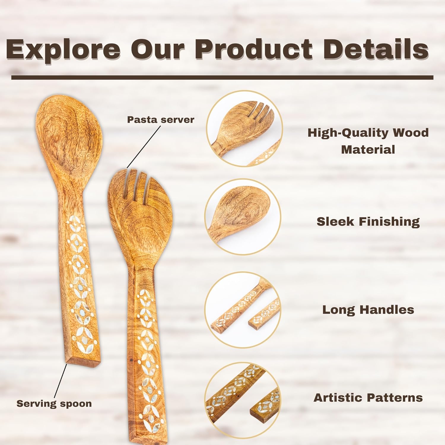 Salad Spoon Set 13 inches Tongs Serving Utensils Set,Acacia Salad Spoon and Fork Set Long Handle Salad Server Set Wood Serving Utensils - Image 4