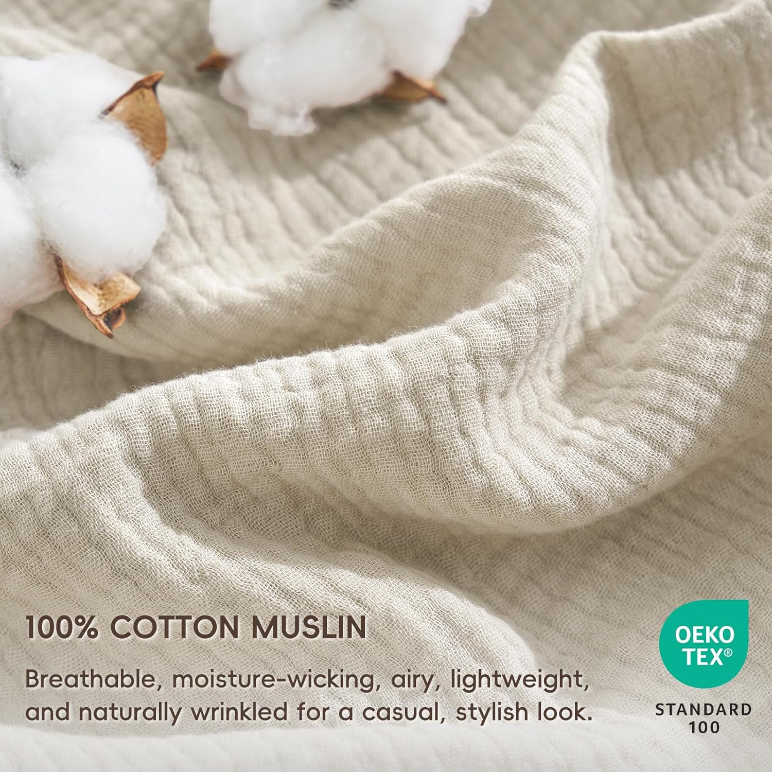 PHF Cotton Muslin Comforter Set Queen Size – Ultra Soft, Breathable & Lightweight Bedding Set for All Seasons, 3 Pieces - 1 Comfy Comforter 90"x90", 2 Pillow Shams 20"x26", Natural - Image 2