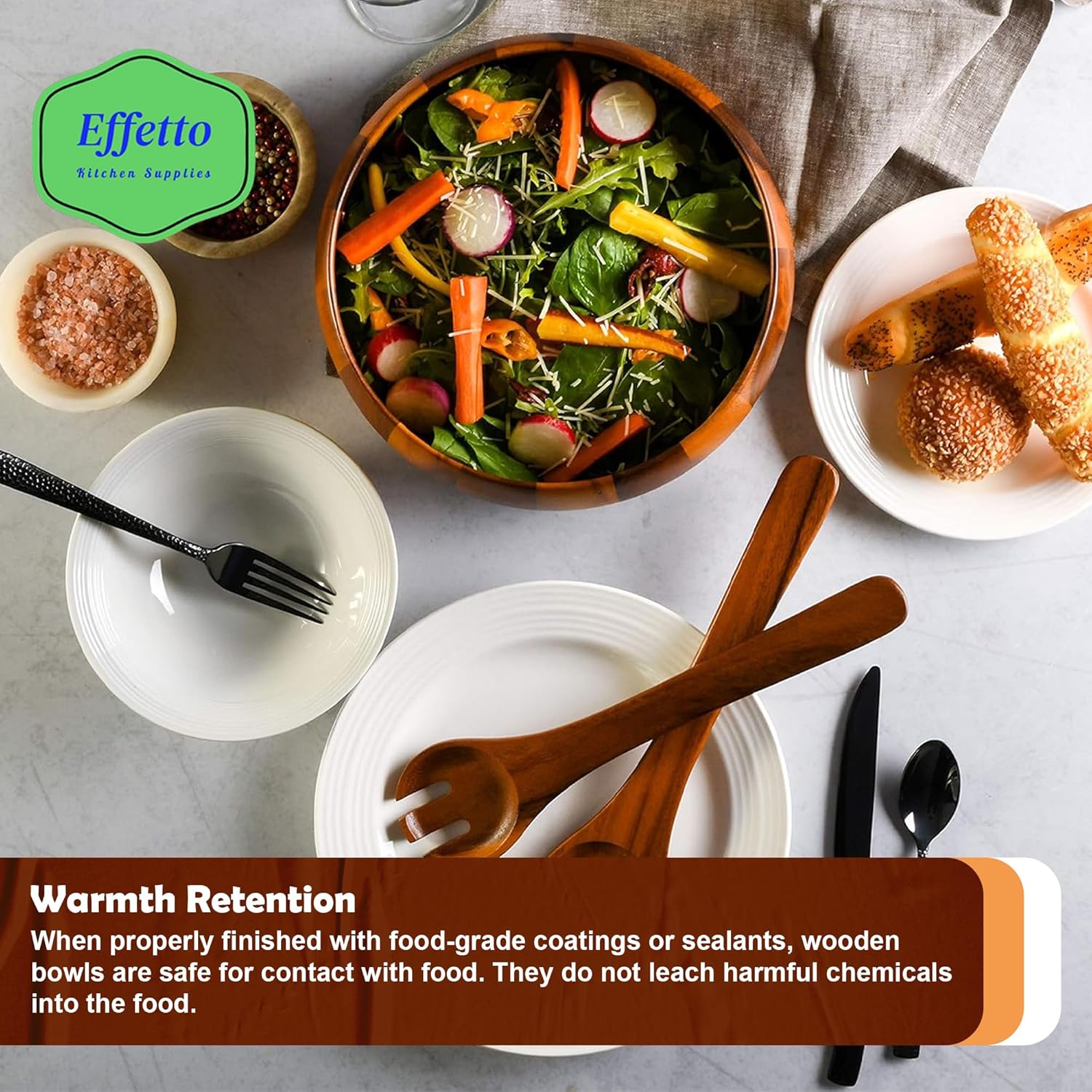 Effetto Acacia 3-Piece Wooden Salad Bowl Set | Large Serving Bowl with Salad Spoon and Fork Serving Utensils | Food Safe & Sustainable Big Mixing Bowl for Fruits, Salad, Cereal, Soup and More - Image 4