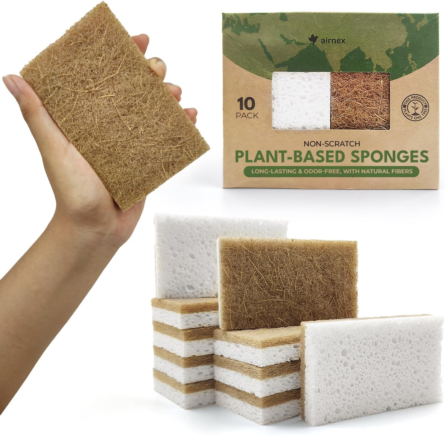10 Pack Biodegradable Natural Kitchen Sponge - Compostable Cellulose and Coconut Walnut Scrubber Sponge - Eco Friendly Sponges for Dishes - Image 2