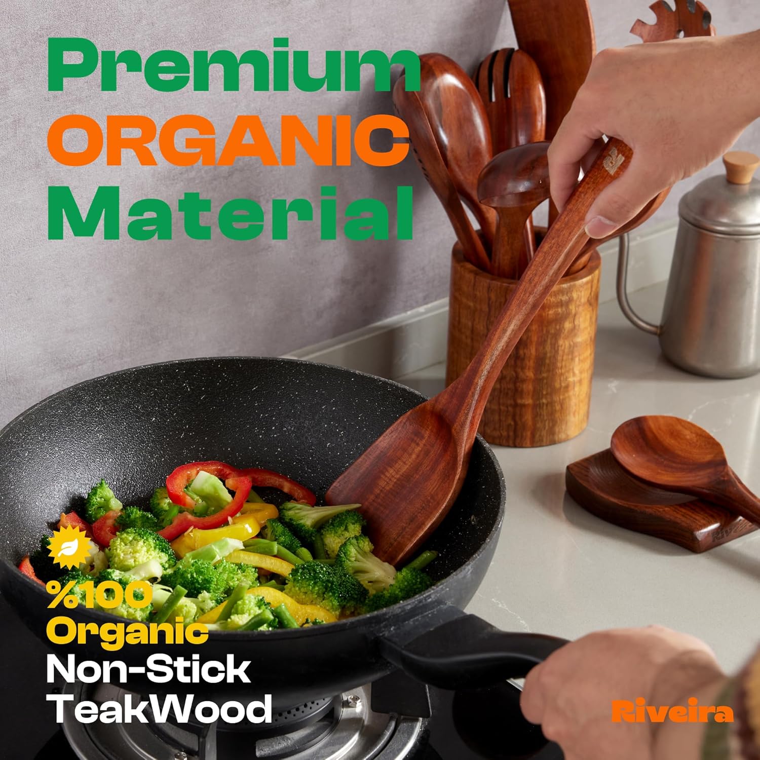 Riveira Dark Teak Kitchen Utensils Set - 12-Piece Non-Toxic Cooking Utensils Set - Wooden Spoons for Cooking - Spatula for Cooking - Teak Wooden Utensils - Image 3