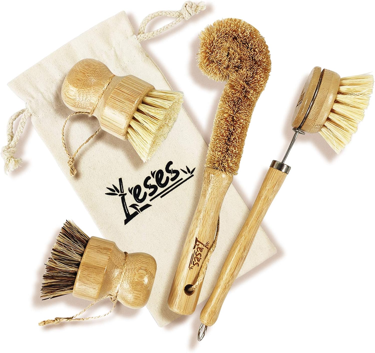 LESES Dish Brush Natural Bamboo Dish Scrub Brush Set with Handle 100% Plastic Free Eco Friendly Cleaning Brushes for Kitchen Cleaning Dish, Bottle, Pots, Pans - Image 2