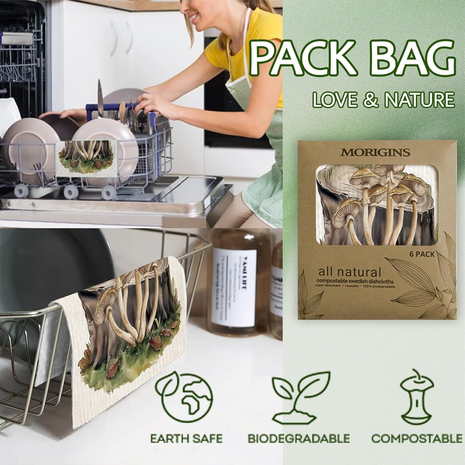 Morigins Swedish Dishcloths for Kitchen Mushroom Swedish Dish Towels,Cellulose Sponge Cloths,Non Scratch Reusable Paper Towels, No Odor, Biodegradable and Reusable Kitchen Dish Rags - Image 4