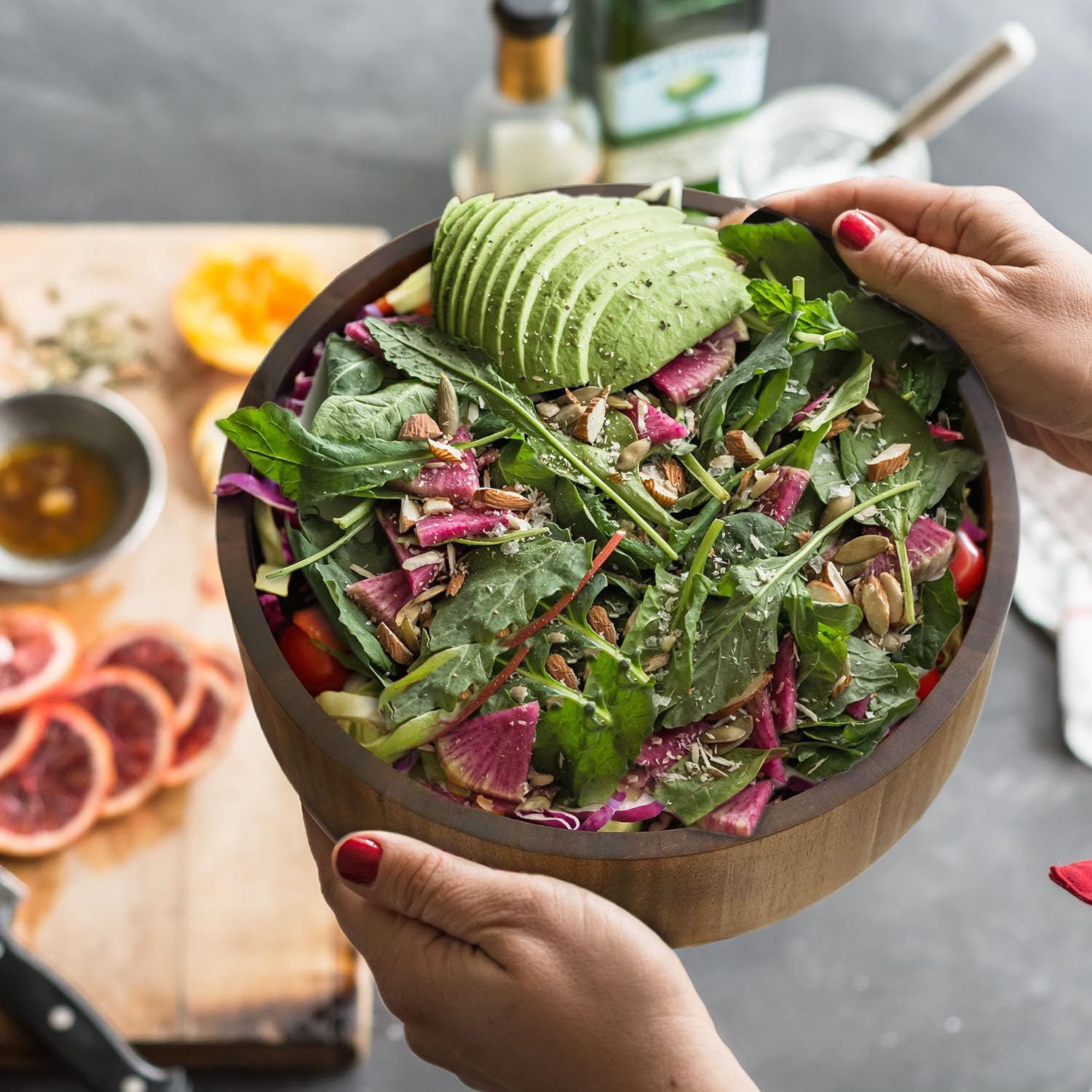 Wooden Salad Bowl, Acacia Walnut Wood Salad Bowl Set, 12 * 4.3 inch Large Natural Wooden with Fork and Spoon,Premium Eco-Friendly 346oz /10.8qt for Kitchen,Dining,Serving & Mixing Food - Image 8