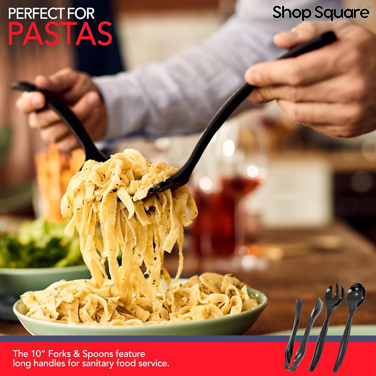 Disposable Plastic Serving Utensils - Set of 18 Black Plastic Utensils, 6 Each 6" Serving Tongs, 10” Serving Spoons, 10” Serving Forks, Buffet Serving Utensils, Party Utensils - Image 6