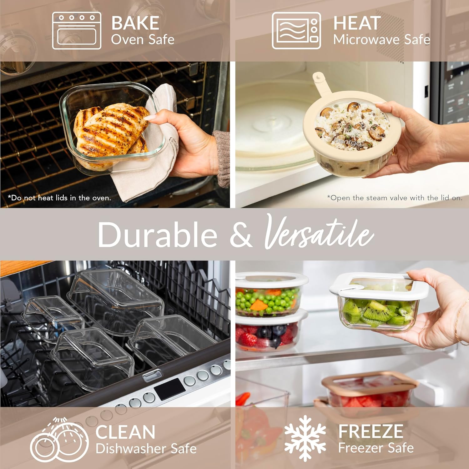 Bentgo Signature Leak-Proof Glass Food Storage - 12-Piece Set, 1-Compartment Plastic-Free Containers with Airtight Glass Lids, BPA-Free, Microwave, Freezer, Oven & Dishwasher Safe (White Stone) - Image 5