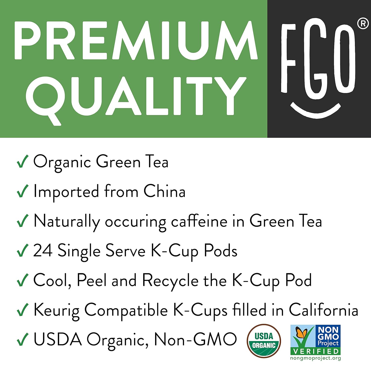 FGO Organic Green Tea K-Cup Pods for Keurig, 24 Count (Pack of 1), Premium Green Tea is USDA Organic, Non-GMO, & Recyclable with Naturally Occurring Caffeine - Image 2