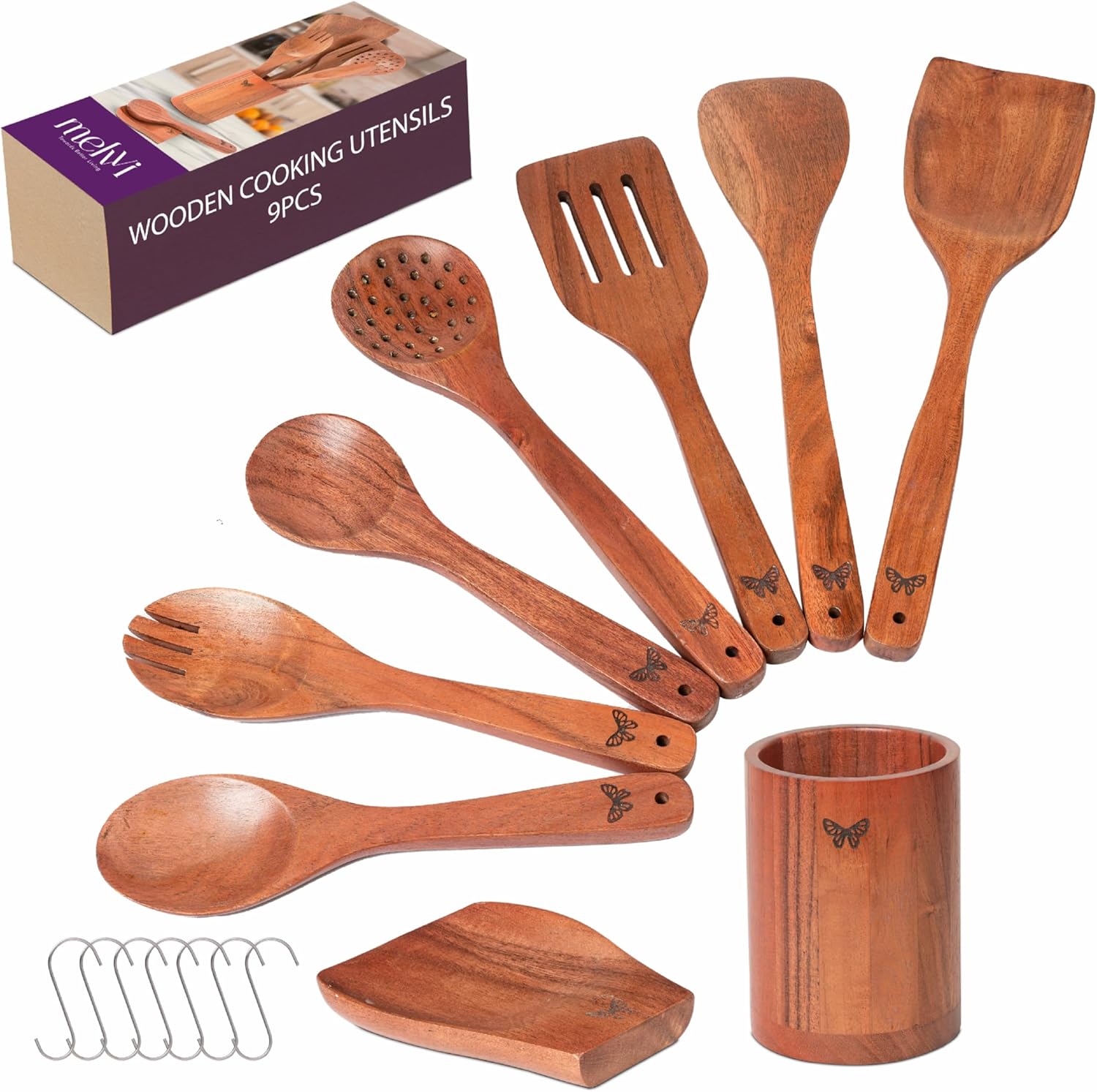 Wooden Kitchen Cooking Utensils Set | 9 Piece Spatula Set with Spoon Rest, Holder & 7 Hooks | Acacia Wood Non Toxic Serving Spoons - Image 2