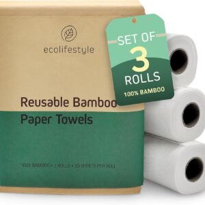 Reusable Paper Towels Washable – 3 Rolls, 20 Sheets (11″x11″) | Made of Bamboo, Super Absorbent, Machine Washable, Eco-Friendly Alternative to Paper Towels | Perfect for Kitchen & Beyond