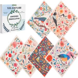Swedish Dishcloths for Kitchen Reusable 6 Pack Kitchen Towels No Odor Quick-Drying Reusable Paper Towels Reusable Paper Towels Washable for Countertop Sink Kitchen Flower Bird