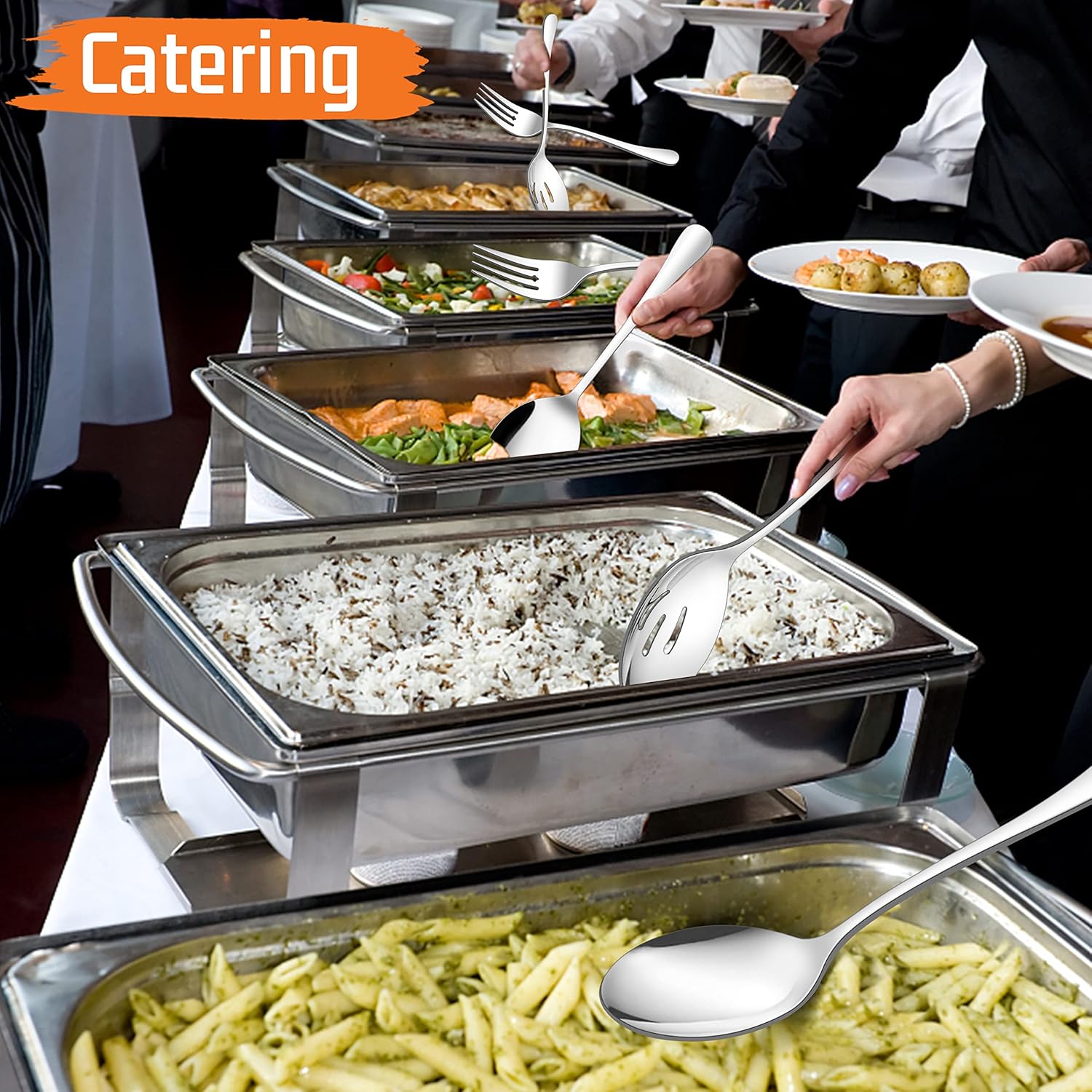 E-far Large Serving Utensils Set of 8, Stainless Steel 9.8 Inch Serving Spoons Slotted Spoon, 9.9 Inch Serving Fork, 9.4 Inch Serving Tong for Buffet Catering Banquet, Mirror Finish & Dishwasher Safe - Image 5