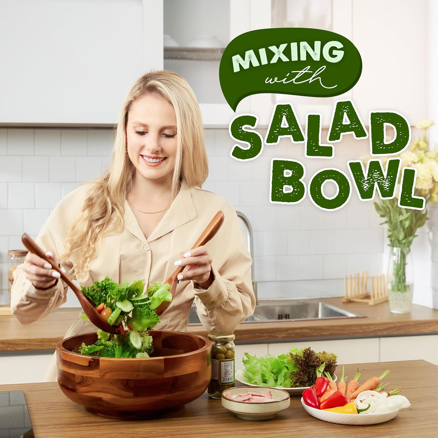 12" Salad Bowl Set with 2 Wooden Hands - Large Acacia Wood Serving Bowl with Serving Utensils - Big Mixing Bowl for Fruits, Salad,Pasta for Kitchen Counter (12" Diameter x 4.5" Height) - Image 6