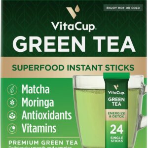 VitaCup Green Tea Instant Packets, Enhance Energy & Detox with Matcha, Moringa, B Vitamins, D3, Fiber, Keto, Paleo, Vegan in Tea Powder Single Serving Sticks, 24 Ct