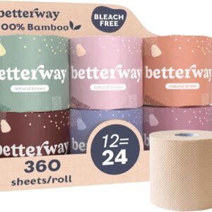 Betterway Unbleached Bamboo Toilet Paper Rolls – Eco-Friendly 3 Ply Toilet Tissue – 12 Long-Lasting Rolls – 360 Sheets/Roll – Organic, FSC Certified, Septic Safe TP – Lint-Free, PFAS-Free Bath Tissue