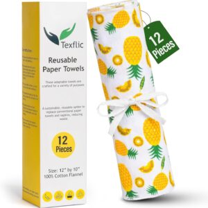 Reusable Paper Towels 12 Pack Roll 12 * 10 Inches – Soft, High-Absorbent 100% Cotton Flannel Paperless Paper Towels, Washable & Compatible with All Holders, Yellow