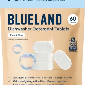 BLUELAND 100% Plastic-Free Dishwasher Detergent Tablets, 60 Count, Free & Clear, Eco-Friendly Dishwashing Pods, Natural, Sustainable