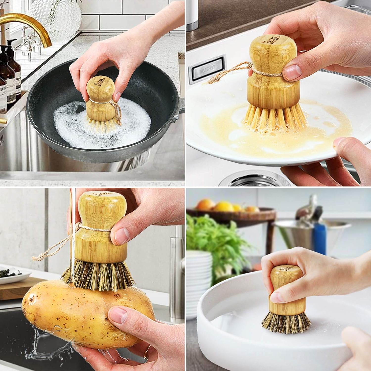 LESES Dish Brush Natural Bamboo Dish Scrub Brush Set with Handle 100% Plastic Free Eco Friendly Cleaning Brushes for Kitchen Cleaning Dish, Bottle, Pots, Pans - Image 6