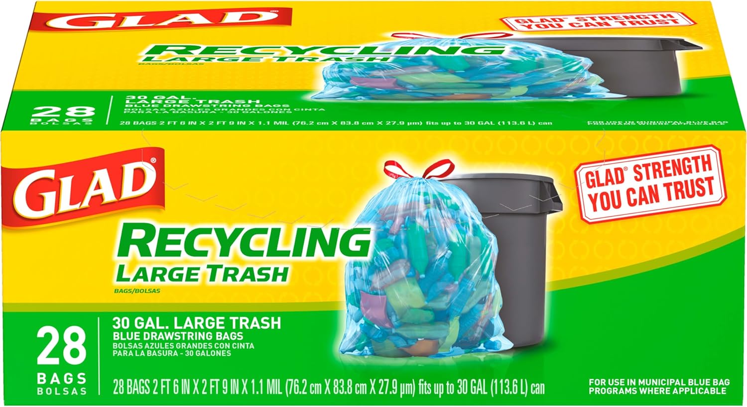 Glad Trash Bags, Large Drawstring Garbage Bags, 30 Gallon Blue Trash Bags for Large Kitchen Trash Can or Recycling, 28 Count - Packaging May Vary - Image 3
