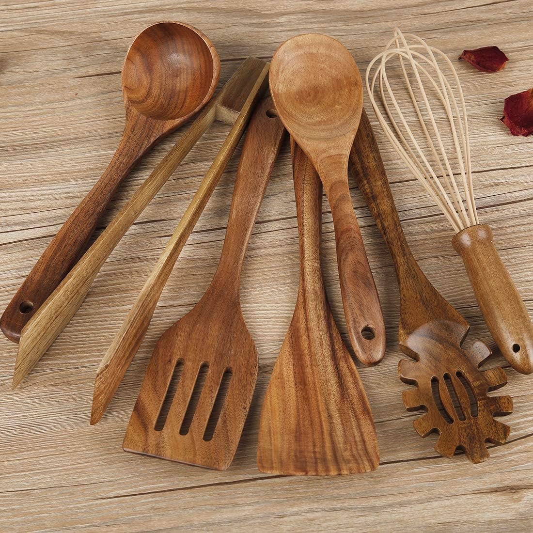 Wooden Utensil for Cooking, Wood Kitchen Utensils Cooking Set Teak Wood Spoons set for Cooking,Spatulas Non-Stick for Cookware Kitchen Spoon (7) - Image 3