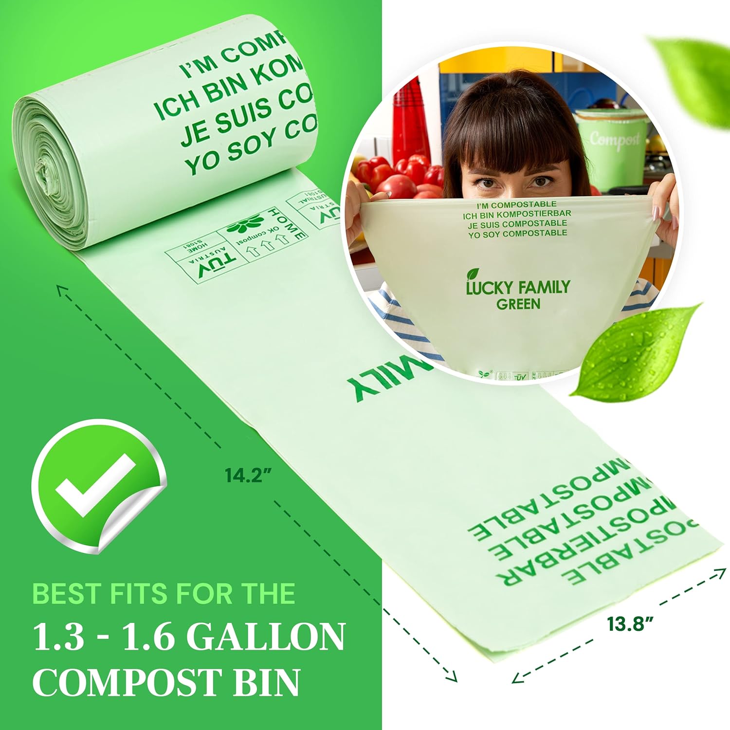 Lucky Family Green Compost Bags for Kitchen Countertop Bin -1.3 gallon trash bags to 1.6 Gallon trash bags - 100% Compostable Trash Bags for Food Waste, Organic Biodegradable Bags - Image 6