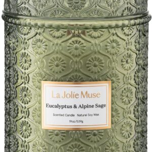 LA JOLIE MUSE Scented Candles Eucalyptus & Alpine Sage, 19 oz Large Wood Wicked Candle, Decorative Candles in Glass, Natural Soy Wax, 90 Hours Long Burning