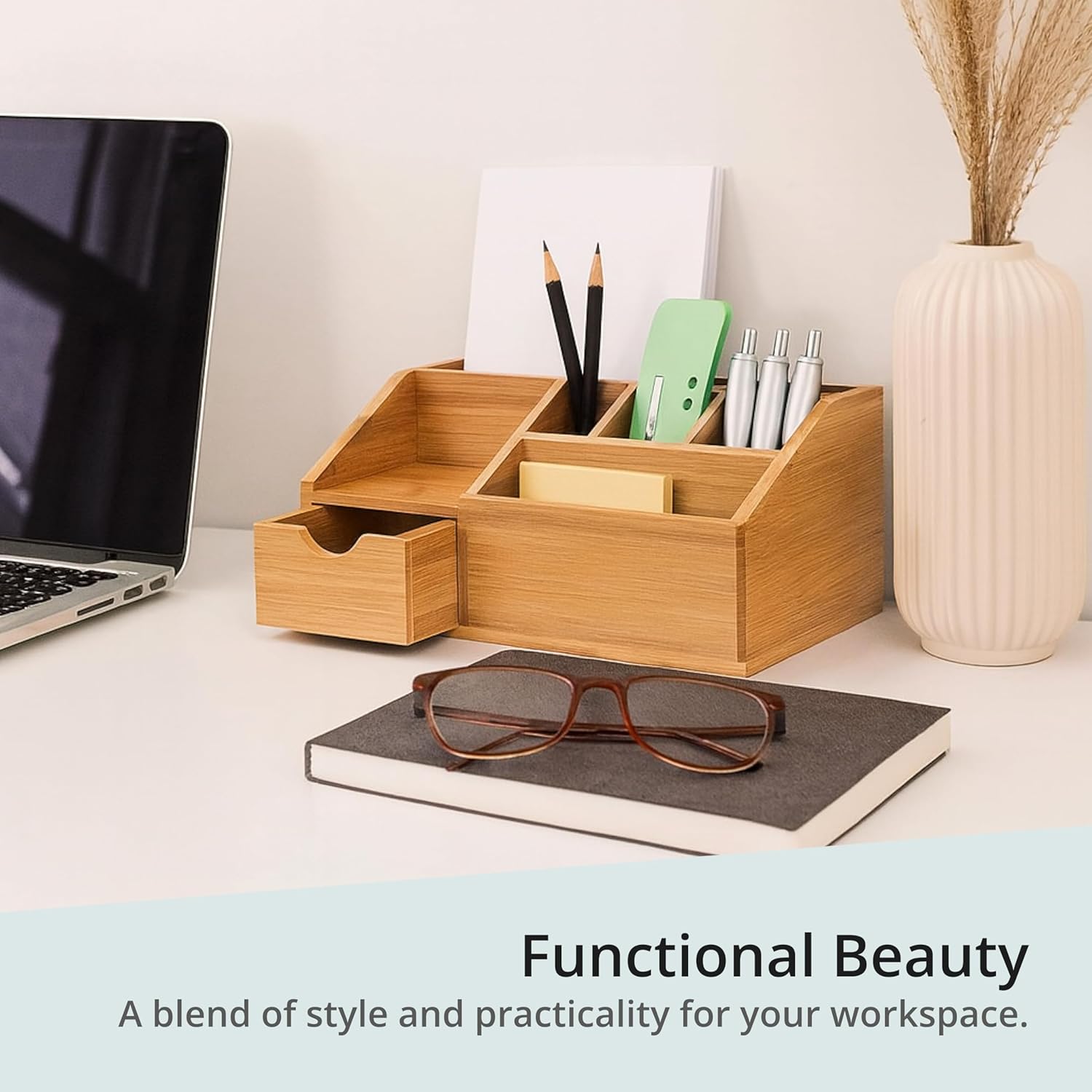 FLYGRUBS Thingles Bamboo Desk Organizer, Wood Pen Holder with Drawer, Storage Box, Pencil Box, Desk Tray for Office, Home Office - Wood Desk Organizer - Image 3